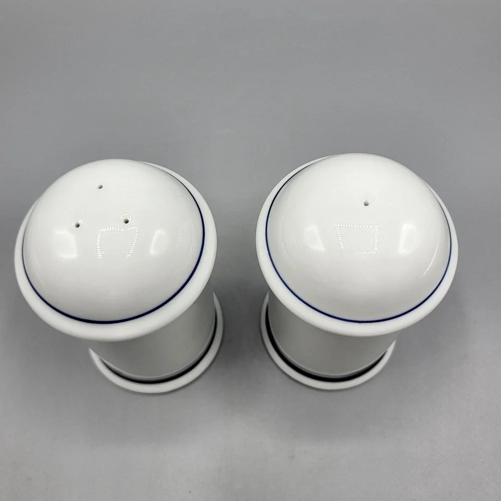 Vintage Dansk Salt and Pepper Shakers Navy Blue Banded White Porcelain Portugal